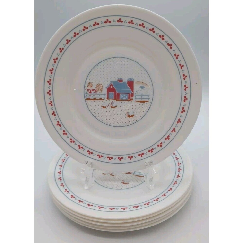 6 arcopal france Salad Lunch plates Farm House Scene Cow Sheep Chicken Silo